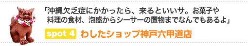 「沖縄欠乏症にかかったら、来るといいサ。お菓子や料理の食材、泡盛からシーサーの置物までなんでもあるよ」　spot.4　わしたショップ神戸六甲道店