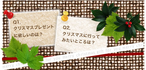 Q1．クリスマスプレゼントに欲しいのは？　Q2．クリスマスに行ってみたいところは？