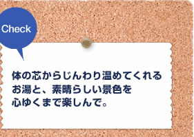 Check 体の芯からじんわり温めてくれるお湯と、素晴らしい景色を心ゆくまで楽しんで。