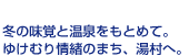 冬の味覚と温泉をもとめて。ゆけむり情緒のまち、湯村へ。